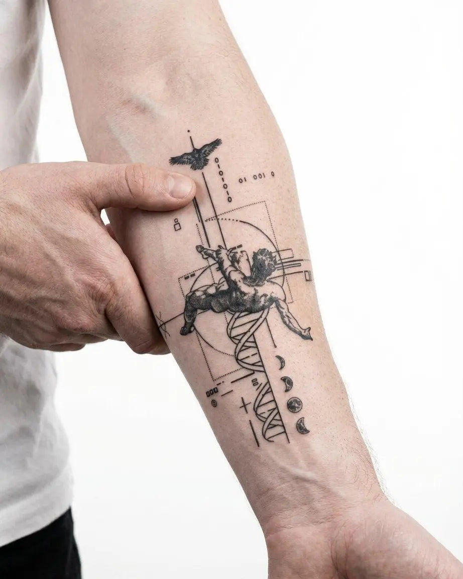 INKON Cherub & Sacred Geometry semi-permanent tattoo applied on a man – 4 x 8 in (11x21cm) design, realistic ink look, lasts 10 days