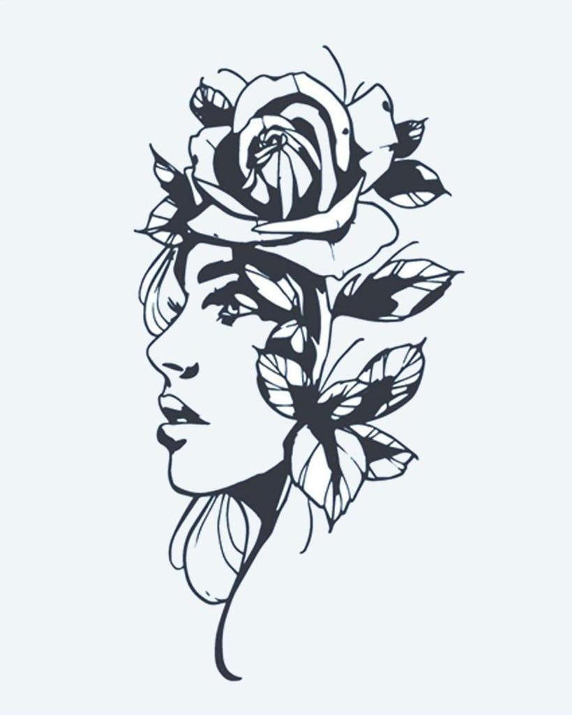 Woman & Rose Portrait semi-permanent tattoo design by INKON – silhouette, woman, profile, large, rose illustration, 4 x 7 in (10x17cm), available at inkon.co
