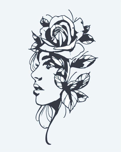 Woman & Rose Portrait semi-permanent tattoo design by INKON – silhouette, woman, profile, large, rose illustration, 4 x 7 in (10x17cm), available at inkon.co