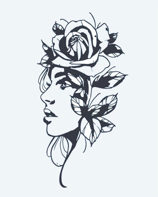 Woman & Rose Portrait semi-permanent tattoo design by INKON – silhouette, woman, profile, large, rose illustration, 4 x 7 in (10x17cm), available at inkon.co
