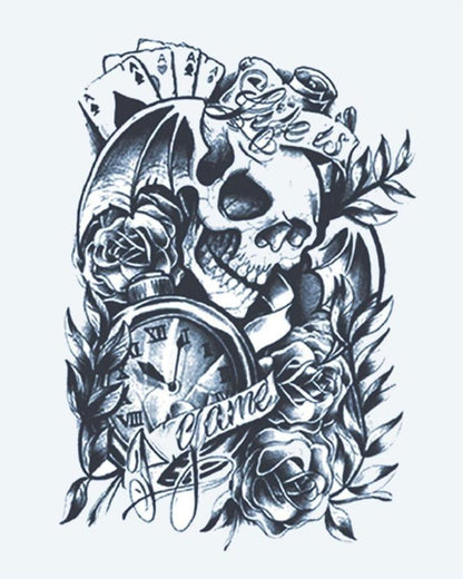 Skull, Clock & Cards semi-permanent tattoo design by INKON – skull, playing, cards, pocket, watch illustration, 4 x 7 in (10x17cm), available at inkon.co