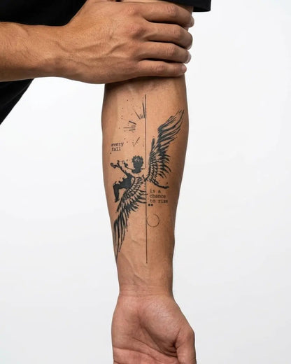 INKON Fallen Angel & Quote semi-permanent tattoo applied on a man – 4 x 8 in (11x21cm) design, realistic ink look, lasts 10 days