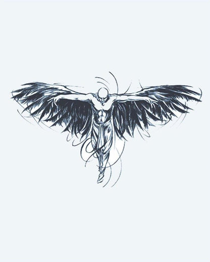 Dark Angel Wings semi-permanent tattoo design by INKON – muscular, winged, figure, arms, outstretched illustration, 4 x 7 in (10x17cm), available at inkon.co