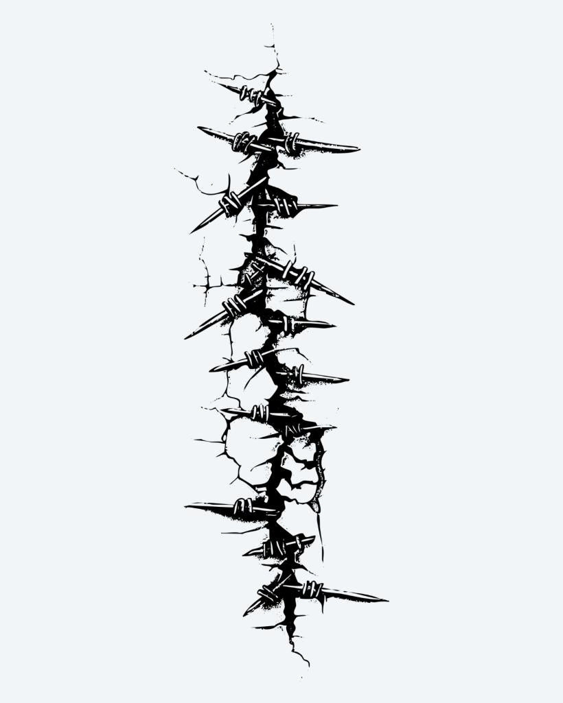 Barbed Wire Scar semi-permanent tattoo design by INKON – vertical, barbed, wire, emerging, cracked illustration, 4 x 7 in (10x17cm), available at inkon.co
