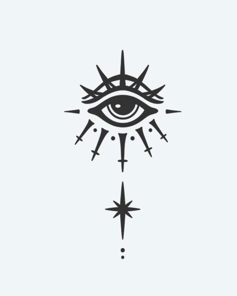 All-Seeing Eye & Star semi-permanent tattoo design by INKON – mystical, seeing, radiating, spikes, guiding illustration, 3 x 4 in (6x11cm), available at inkon.co