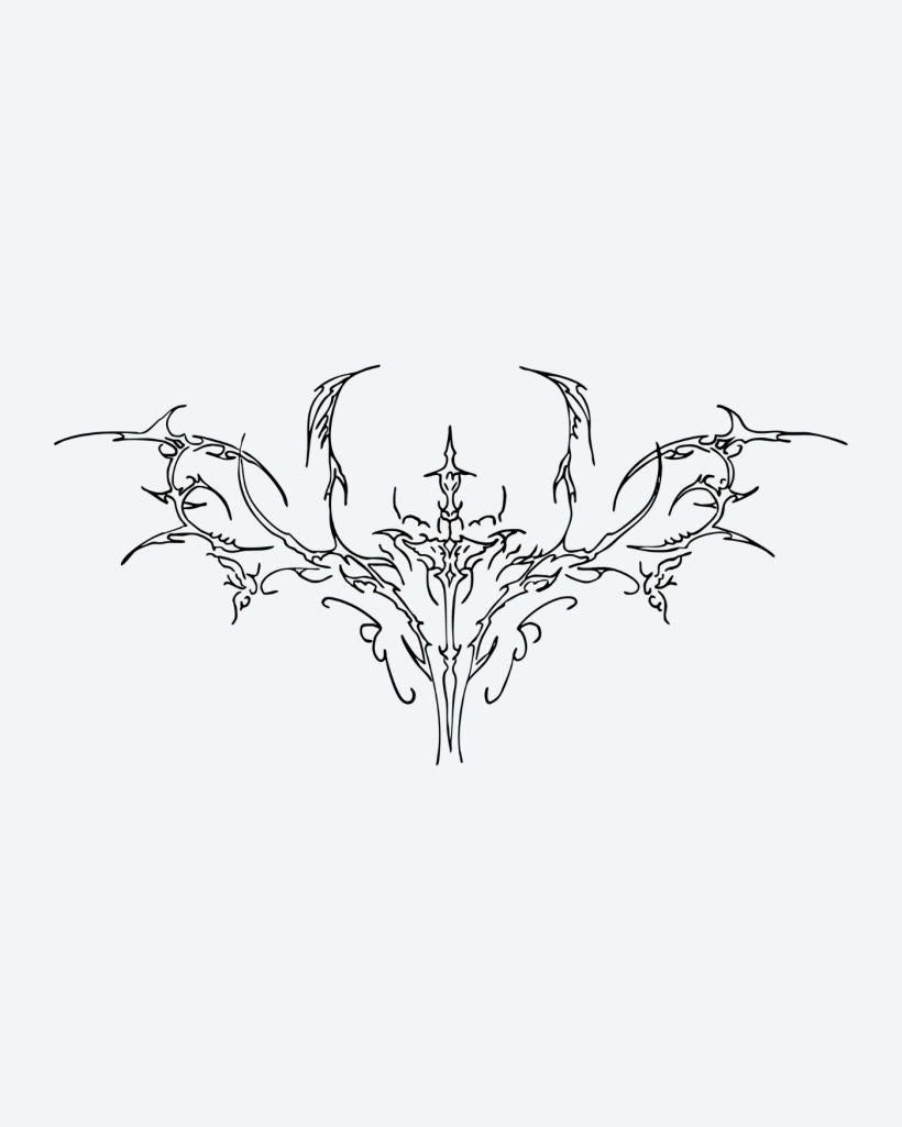Ornamental Skull Moth semi-permanent tattoo design by INKON – delicate, fine, line, symmetrical, skull illustration, 4 x 8 in (11x21cm), available at inkon.co