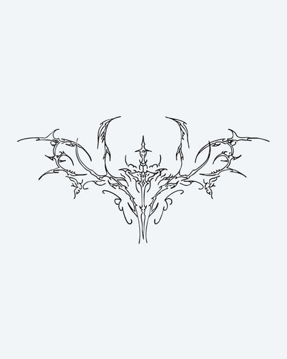 Ornamental Skull Moth semi-permanent tattoo design by INKON – delicate, fine, line, symmetrical, skull illustration, 4 x 8 in (11x21cm), available at inkon.co