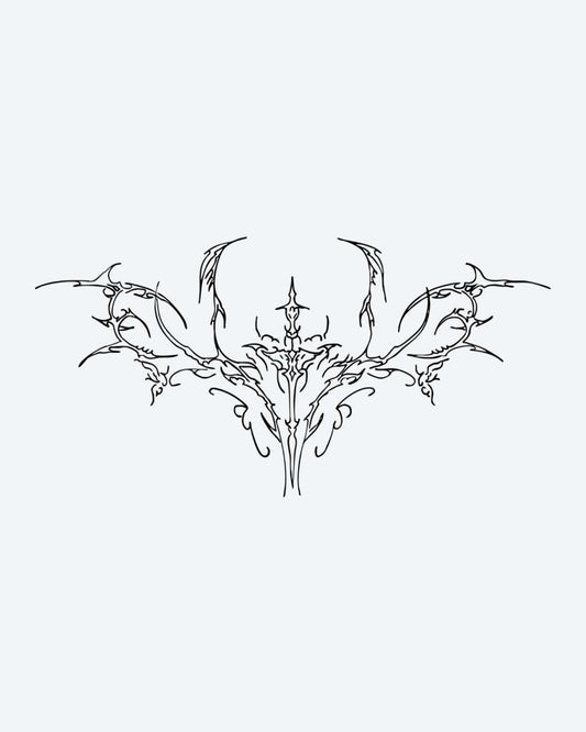Ornamental Skull Moth semi-permanent tattoo design by INKON – delicate, fine, line, symmetrical, skull illustration, 4 x 8 in (11x21cm), available at inkon.co