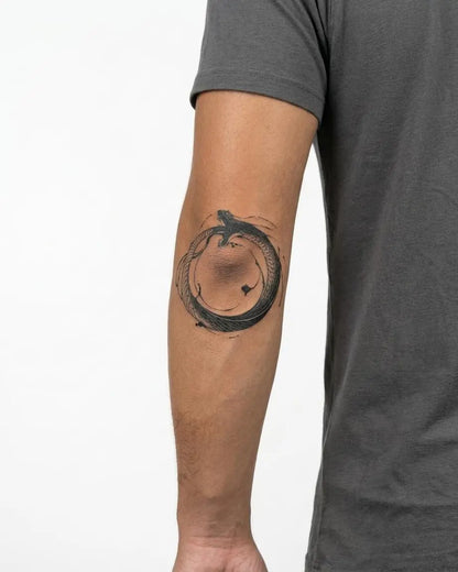 INKON Ouroboros Serpent semi-permanent tattoo applied on a man – 4 x 4 in (9x9cm) design, realistic ink look, lasts 10 days