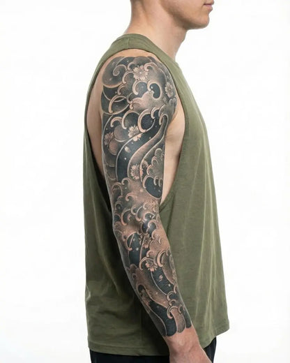INKON Japanese Waves & Sakura semi-permanent tattoo applied on a man – 8 x 20 in (20x50cm) design, realistic ink look, lasts 10 days