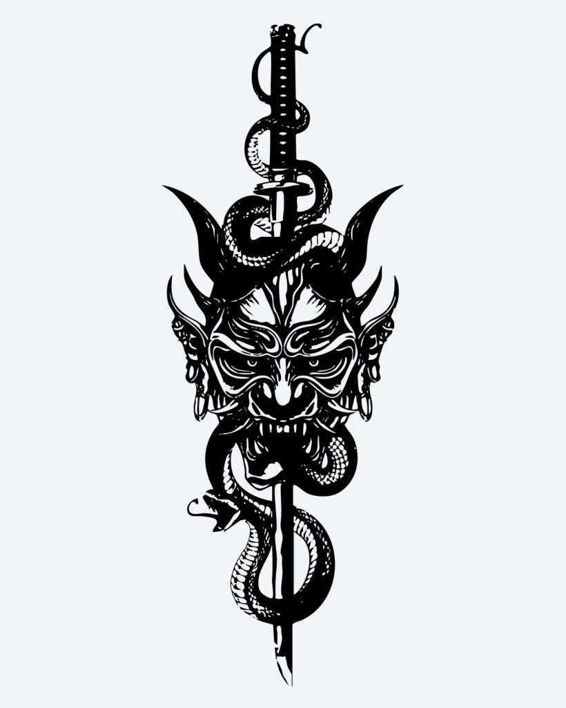 Oni Mask & Serpent Dagger semi-permanent tattoo design by INKON – menacing, japanese, demon, mask, horns illustration, 4 x 8 in (11x21cm), available at inkon.co