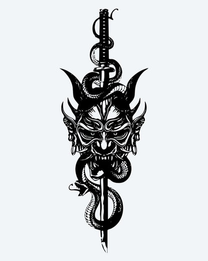 Oni Mask & Serpent Dagger semi-permanent tattoo design by INKON – menacing, japanese, demon, mask, horns illustration, 4 x 8 in (11x21cm), available at inkon.co