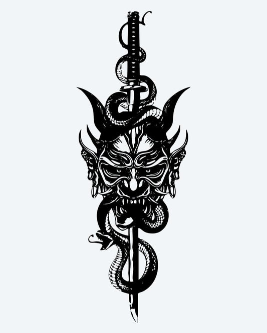 Oni Mask & Serpent Dagger semi-permanent tattoo design by INKON – menacing, japanese, demon, mask, horns illustration, 4 x 8 in (11x21cm), available at inkon.co
