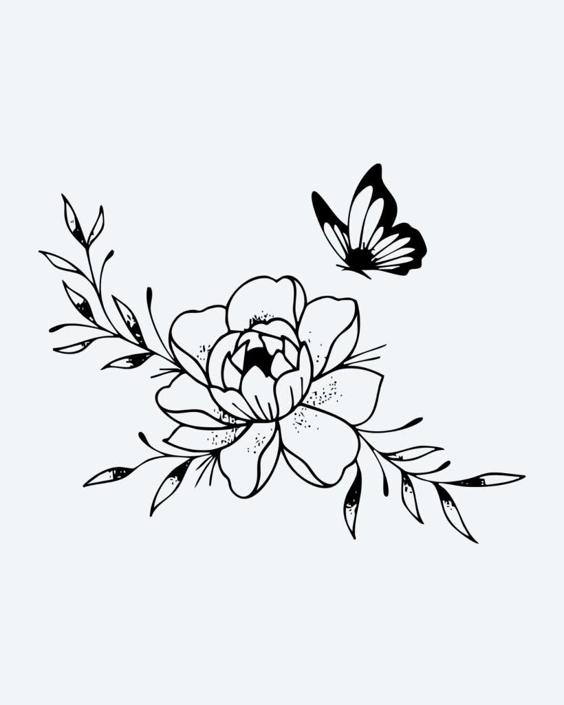 Peony & Butterfly semi-permanent tattoo design by INKON – blooming, peony, flower, leafy, branches illustration, 3 x 4 in (6x11cm), available at inkon.co