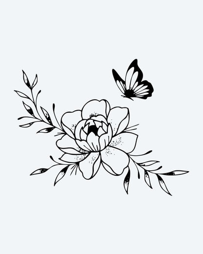 Peony & Butterfly semi-permanent tattoo design by INKON – blooming, peony, flower, leafy, branches illustration, 3 x 4 in (6x11cm), available at inkon.co