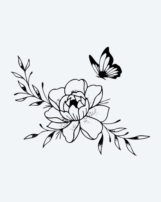 Peony & Butterfly semi-permanent tattoo design by INKON – blooming, peony, flower, leafy, branches illustration, 3 x 4 in (6x11cm), available at inkon.co