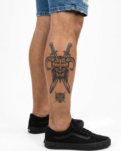 INKON Viking Warrior & Swords semi-permanent tattoo applied on a man – 4 x 7 in (10x17cm) design, realistic ink look, lasts 10 days