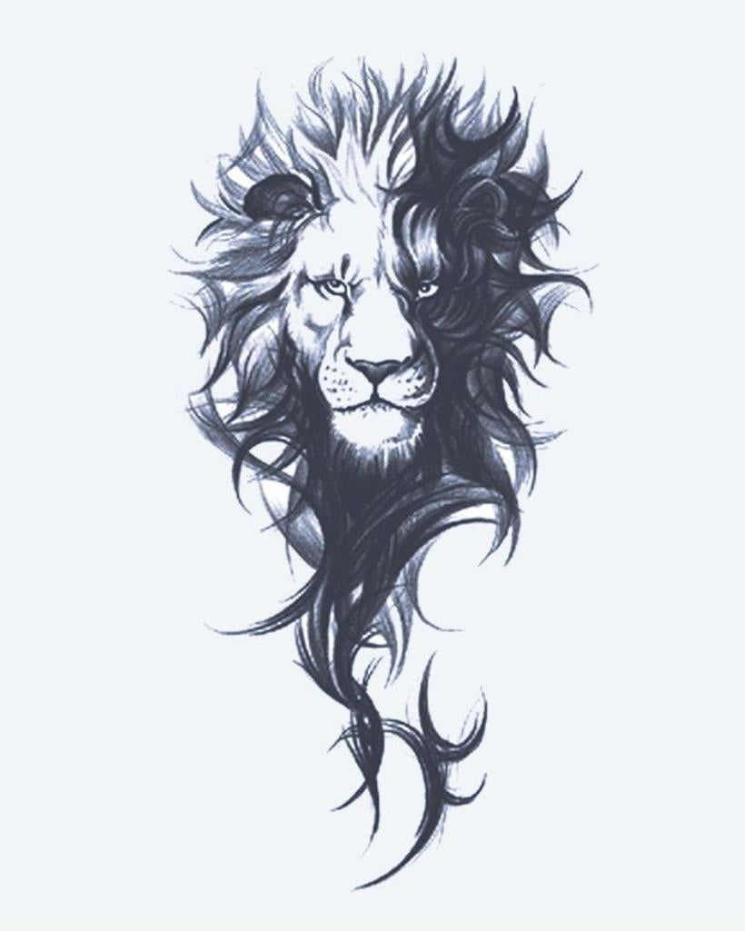 Majestic Lion semi-permanent tattoo design by INKON – regal, lion, portrait, flowing, wild illustration, 4 x 7 in (10x17cm), available at inkon.co