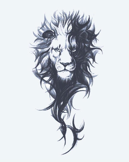 Majestic Lion semi-permanent tattoo design by INKON – regal, lion, portrait, flowing, wild illustration, 4 x 7 in (10x17cm), available at inkon.co