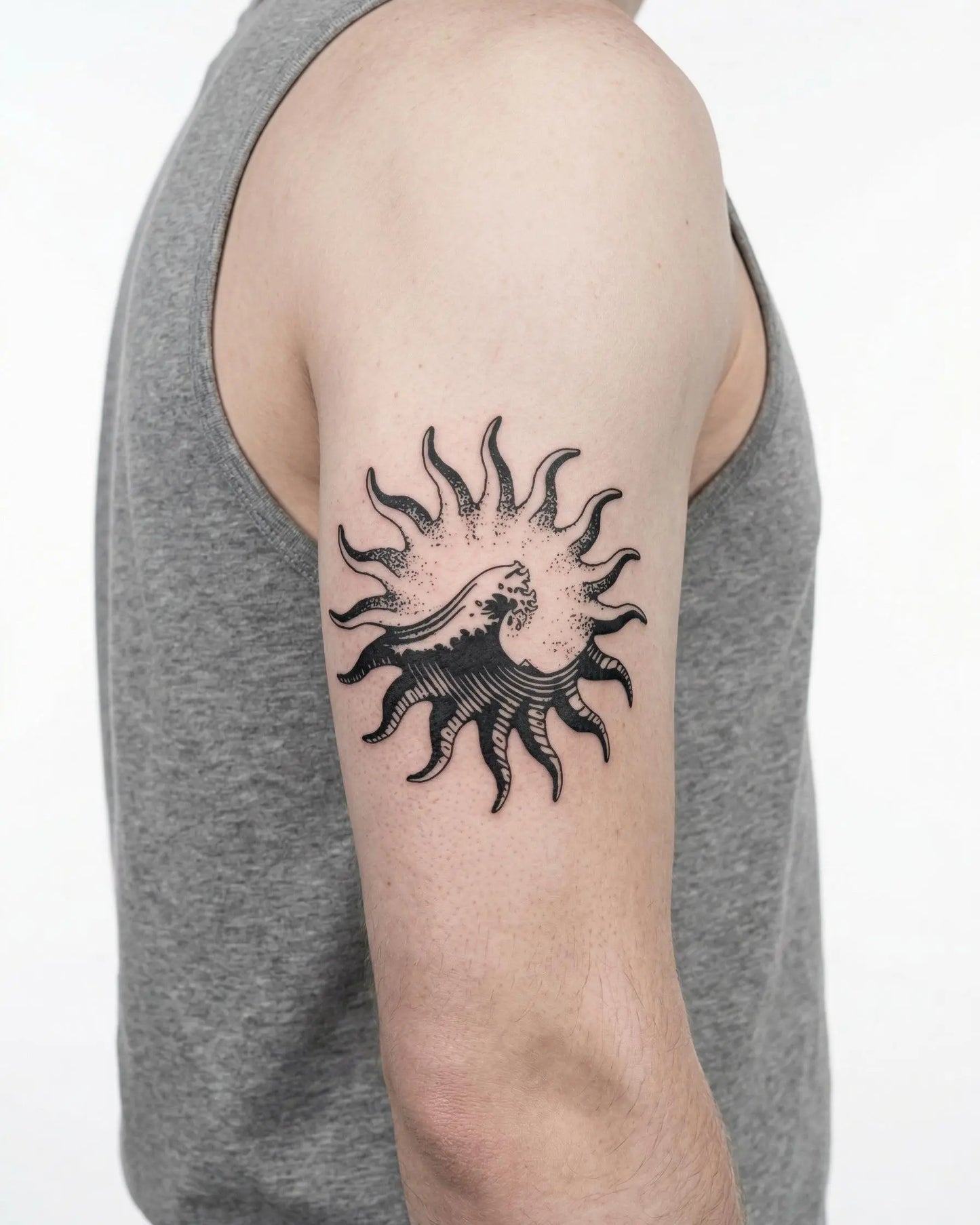 INKON Sun & Wave semi-permanent tattoo applied on a man – 4 x 4 in (9x9cm) design, realistic ink look, lasts 10 days