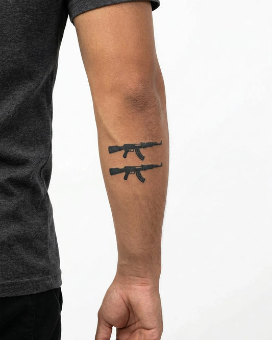 INKON Assault Rifle Duo semi-permanent tattoo applied on a man – 3 x 4 in (6x11cm) design, realistic ink look, lasts 10 days