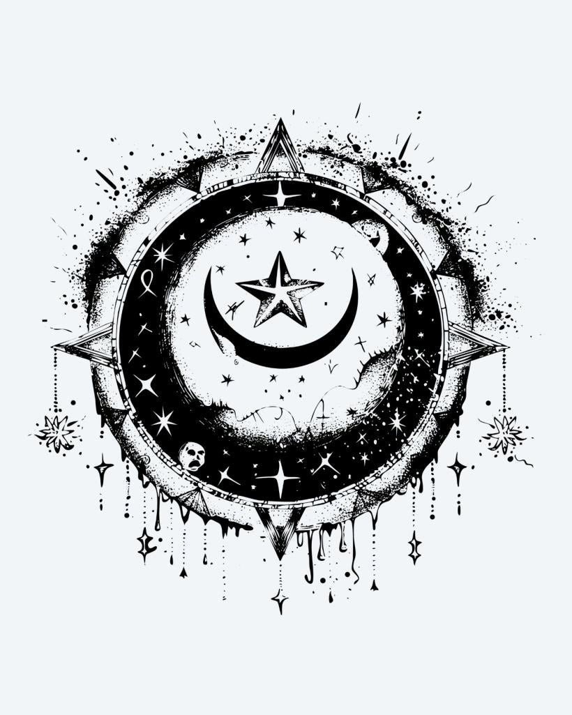 Celestial Moon & Star semi-permanent tattoo design by INKON – stunning, celestial, crescent, moon, star illustration, 3 x 4 in (7x10cm), available at inkon.co