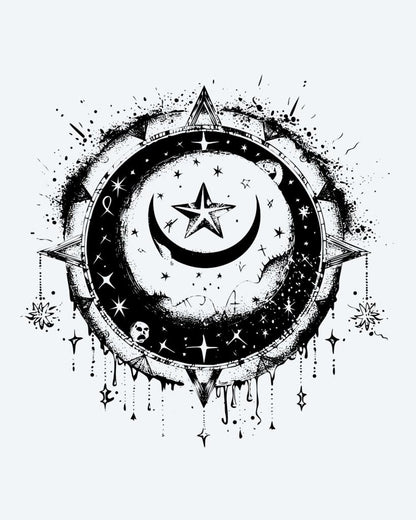 Celestial Moon & Star semi-permanent tattoo design by INKON – stunning, celestial, crescent, moon, star illustration, 3 x 4 in (7x10cm), available at inkon.co