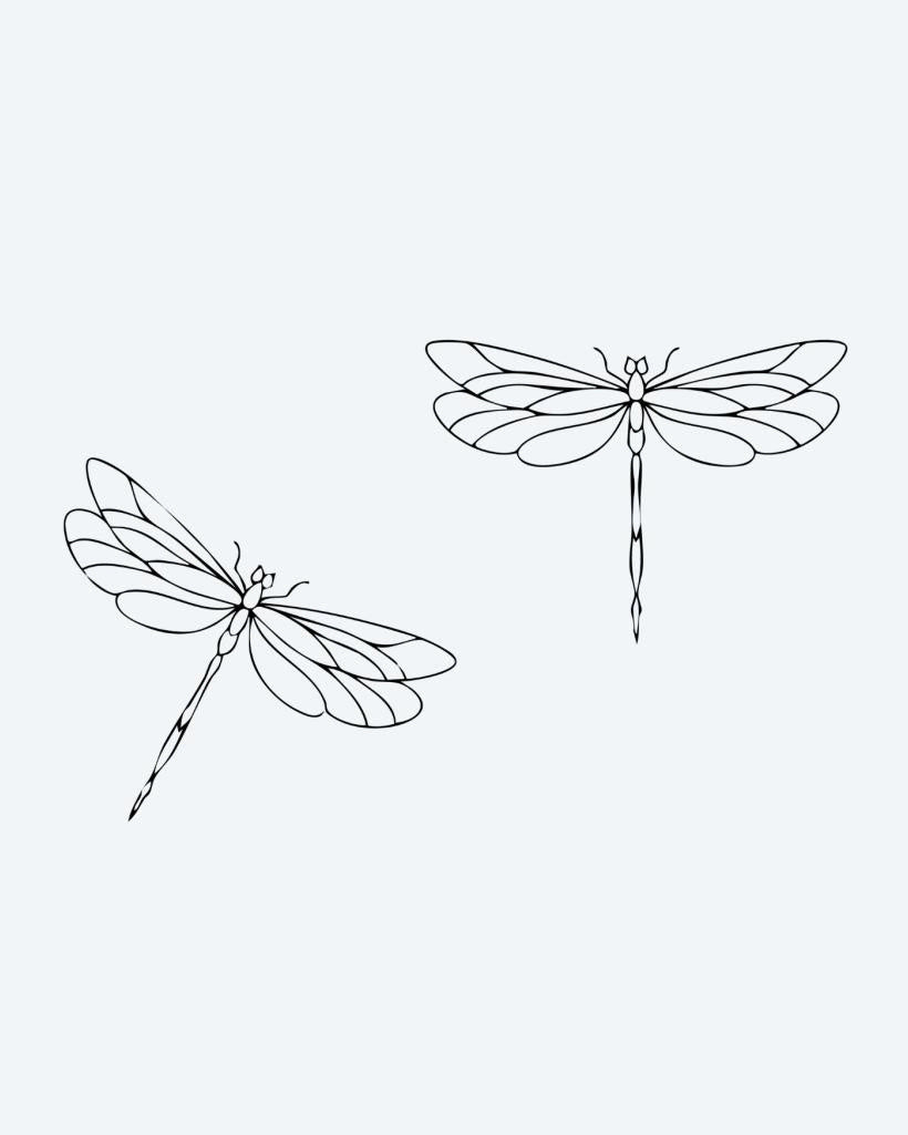 Dragonfly Duo semi-permanent tattoo design by INKON – graceful, pair, dragonflies, delicate, fine illustration, 3 x 4 in (7x10cm), available at inkon.co