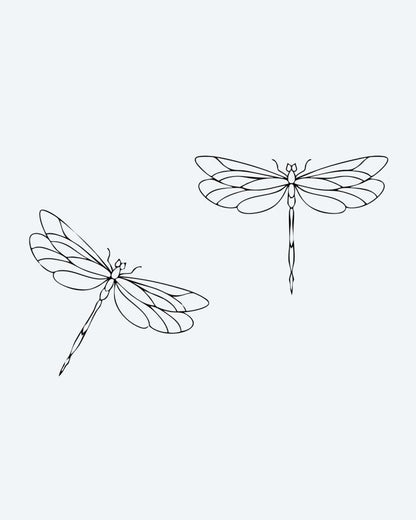 Dragonfly Duo semi-permanent tattoo design by INKON – graceful, pair, dragonflies, delicate, fine illustration, 3 x 4 in (7x10cm), available at inkon.co