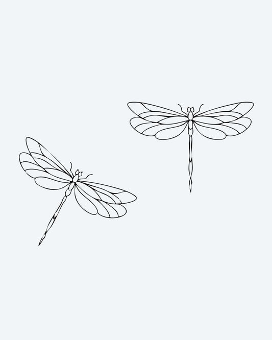 Dragonfly Duo semi-permanent tattoo design by INKON – graceful, pair, dragonflies, delicate, fine illustration, 3 x 4 in (7x10cm), available at inkon.co