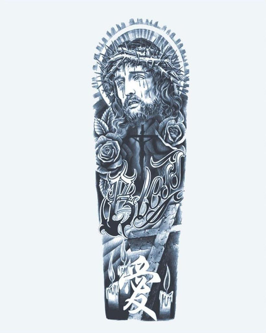 Christ & Roses semi-permanent tattoo design by INKON – reverent, full, sleeve, portrait, christ illustration, 8 x 20 in (20x50cm), available at inkon.co