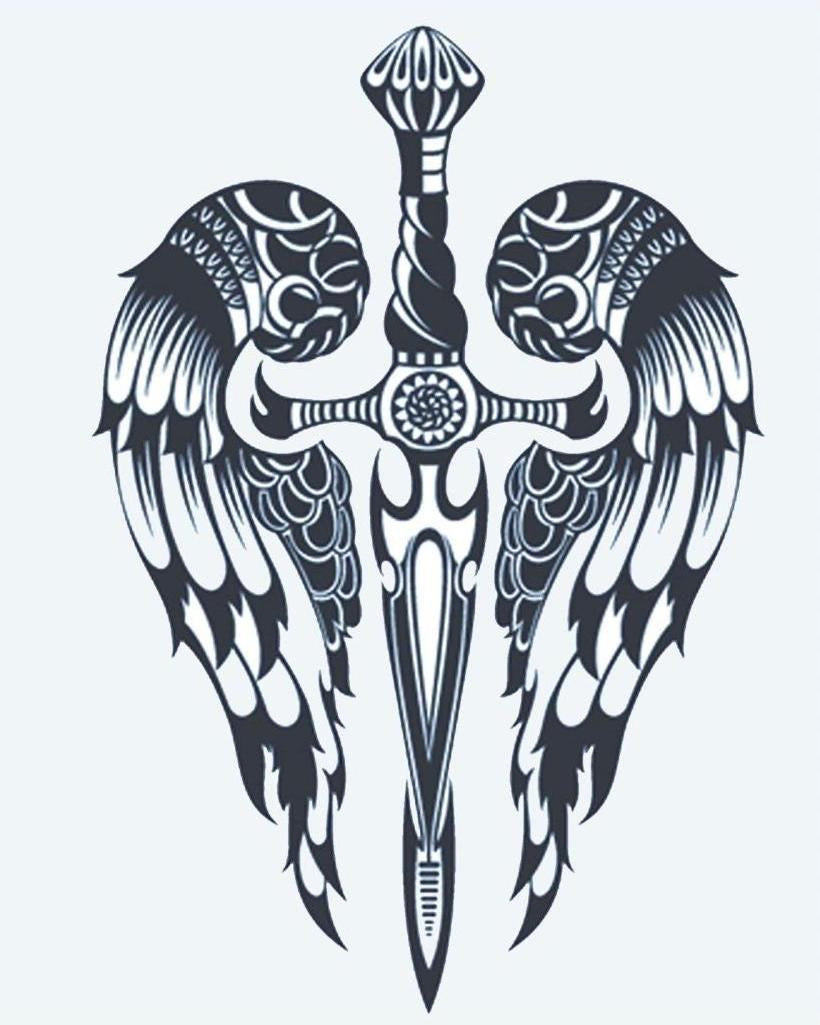 Winged Dagger semi-permanent tattoo design by INKON – ornate, dagger, angel, wings, symmetrical illustration, 4 x 7 in (10x17cm), available at inkon.co
