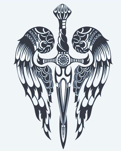Winged Dagger semi-permanent tattoo design by INKON – ornate, dagger, angel, wings, symmetrical illustration, 4 x 7 in (10x17cm), available at inkon.co