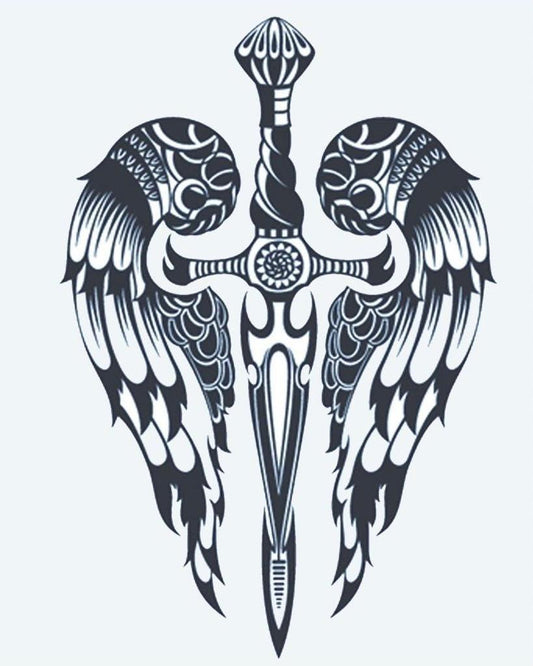 Winged Dagger semi-permanent tattoo design by INKON – ornate, dagger, angel, wings, symmetrical illustration, 4 x 7 in (10x17cm), available at inkon.co