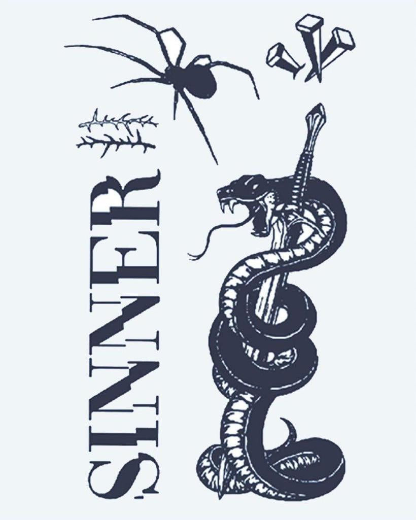 Sinner Flash Sheet semi-permanent tattoo design by INKON – dark, flash, sheet, coiling, snake illustration, 4 x 7 in (10x17cm), available at inkon.co
