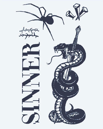 Sinner Flash Sheet semi-permanent tattoo design by INKON – dark, flash, sheet, coiling, snake illustration, 4 x 7 in (10x17cm), available at inkon.co