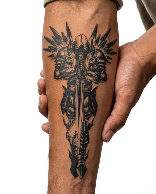INKON Armored Knight & Sword semi-permanent tattoo applied on a man – 4 x 8 in (11x21cm) design, realistic ink look, lasts 10 days