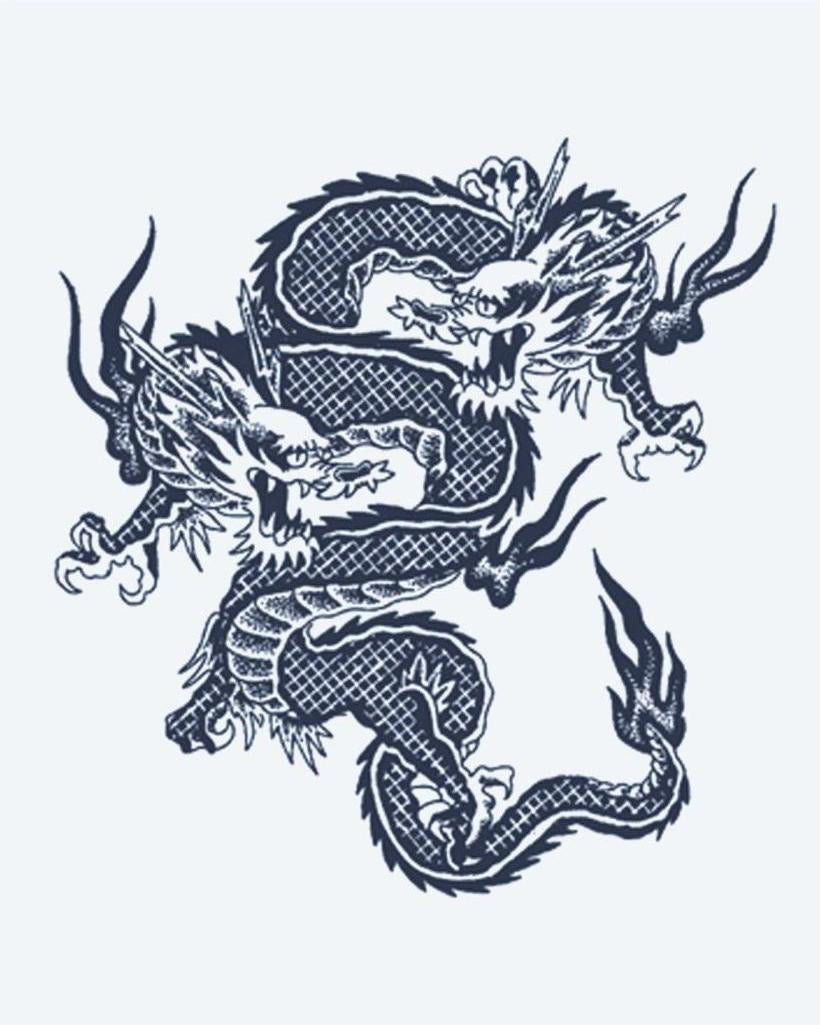 Twin Dragons semi-permanent tattoo design by INKON – intertwined, asian, dragons, scale, detail illustration, 2 x 2 in (5x5cm), available at inkon.co
