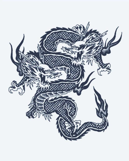 Twin Dragons semi-permanent tattoo design by INKON – intertwined, asian, dragons, scale, detail illustration, 2 x 2 in (5x5cm), available at inkon.co