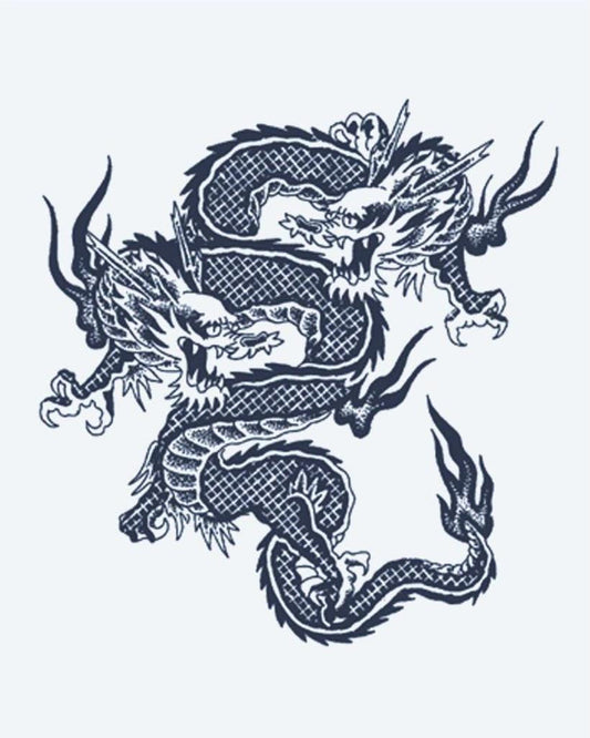 Twin Dragons semi-permanent tattoo design by INKON – intertwined, asian, dragons, scale, detail illustration, 2 x 2 in (5x5cm), available at inkon.co