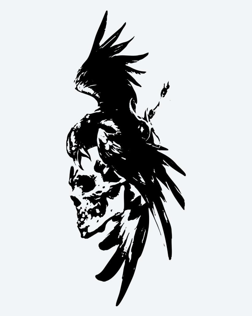 Crow & Skull semi-permanent tattoo design by INKON – silhouette, crow, perched, human, skull illustration, 4 x 7 in (10x17cm), available at inkon.co