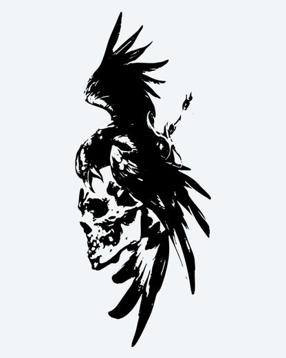 Crow & Skull semi-permanent tattoo design by INKON – silhouette, crow, perched, human, skull illustration, 4 x 7 in (10x17cm), available at inkon.co