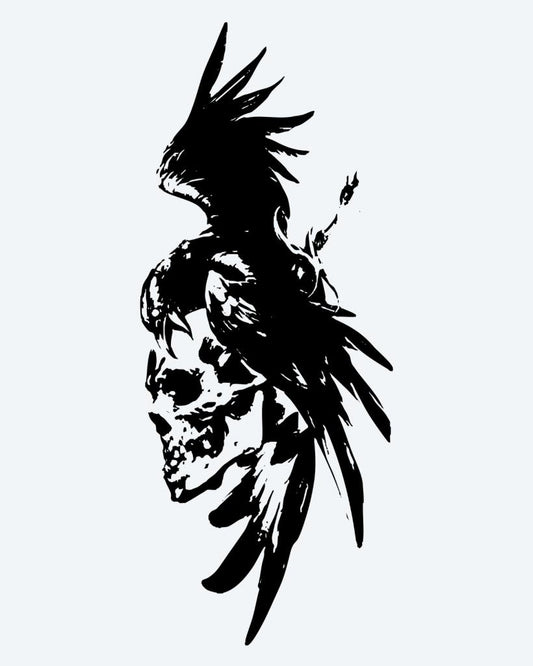 Crow & Skull semi-permanent tattoo design by INKON – silhouette, crow, perched, human, skull illustration, 4 x 7 in (10x17cm), available at inkon.co