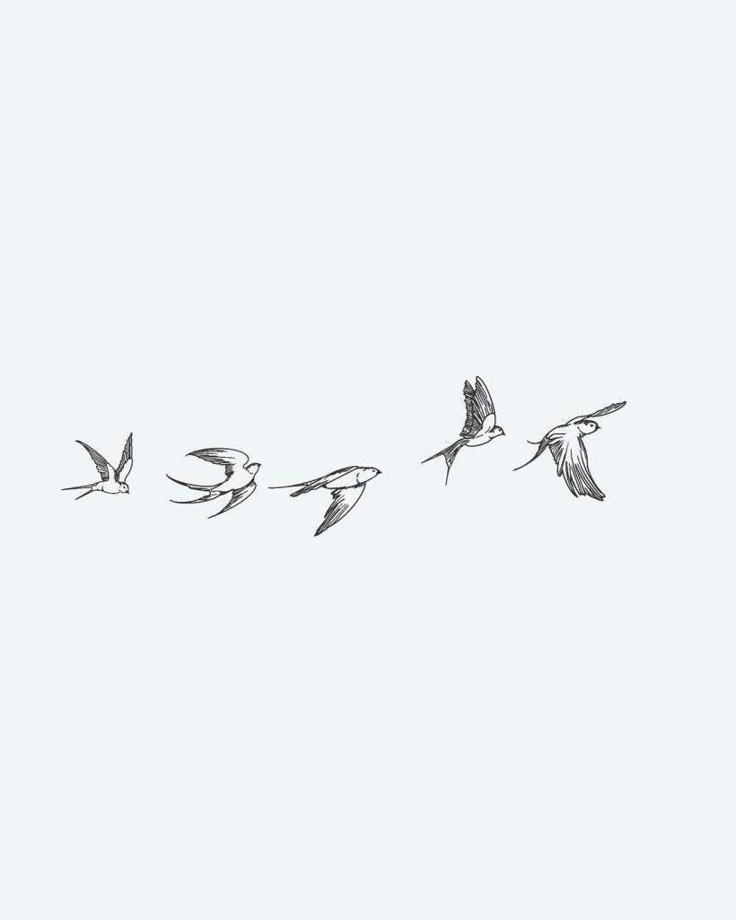 Flying Swallows semi-permanent tattoo design by INKON – five, swallows, flight, captured, different illustration, 4 x 7 in (10x17cm), available at inkon.co