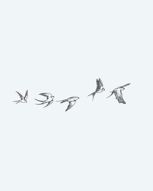 Flying Swallows semi-permanent tattoo design by INKON – five, swallows, flight, captured, different illustration, 4 x 7 in (10x17cm), available at inkon.co