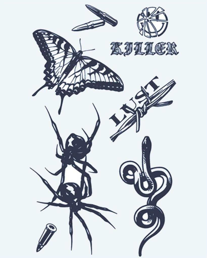 Dark Flash Sheet semi-permanent tattoo design by INKON – flash, butterfly, spider, snake, bullets illustration, 4 x 7 in (10x17cm), available at inkon.co