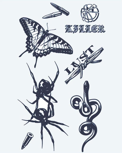 Dark Flash Sheet semi-permanent tattoo design by INKON – flash, butterfly, spider, snake, bullets illustration, 4 x 7 in (10x17cm), available at inkon.co