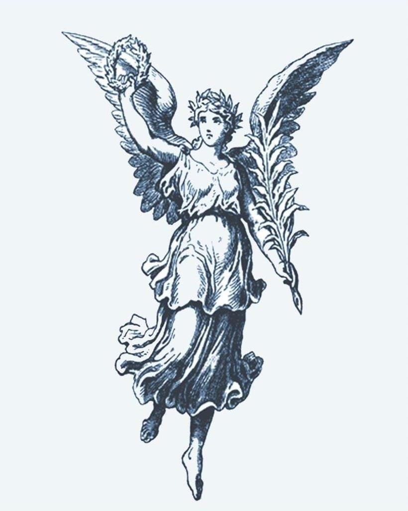 Victory Angel semi-permanent tattoo design by INKON – classical, winged, angel, holding, laurel illustration, 4 x 7 in (10x17cm), available at inkon.co