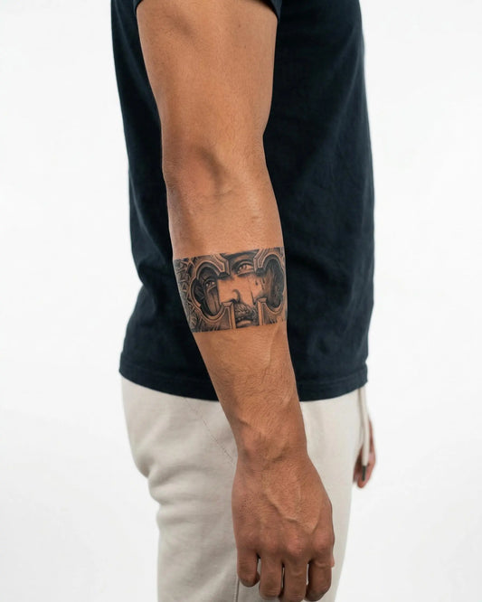 INKON Cross, Roses & Eyes semi-permanent tattoo applied on a man – 2 x 9 in (5x23cm) design, realistic ink look, lasts 10 days