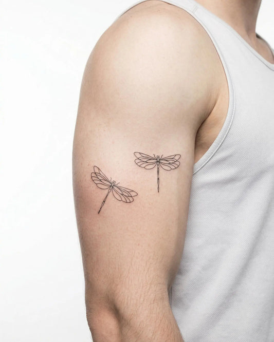 INKON Dragonfly Duo semi-permanent tattoo applied on a man – 3 x 4 in (7x10cm) design, realistic ink look, lasts 10 days
